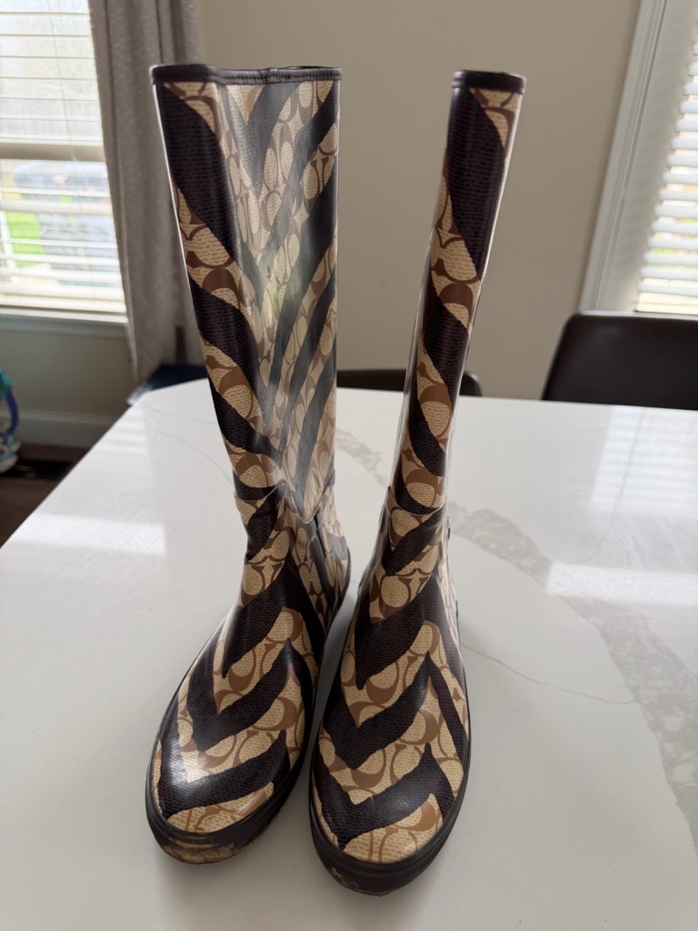 Coach Boots Womens Sz 8 PAMMIE ZEBRA SIGNATURE Rain Rubber KHAKI - Picture 1 of 6